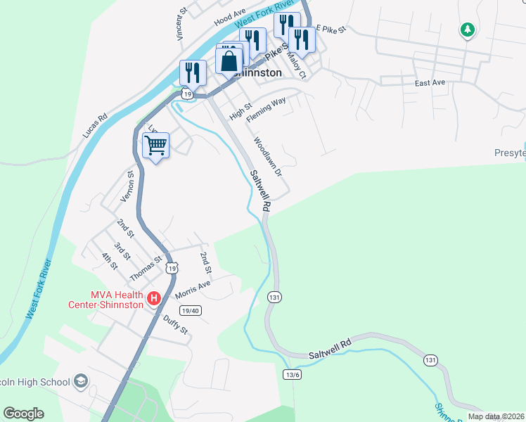 map of restaurants, bars, coffee shops, grocery stores, and more near 550 Saltwell Road in Shinnston