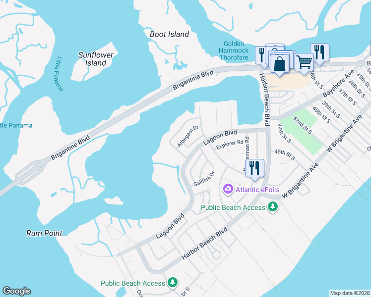 map of restaurants, bars, coffee shops, grocery stores, and more near 401 Lagoon Boulevard in Brigantine