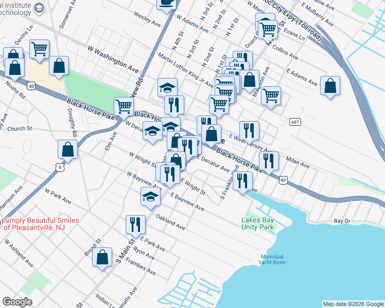 map of restaurants, bars, coffee shops, grocery stores, and more near S Main St & W Decatur Ave in Pleasantville
