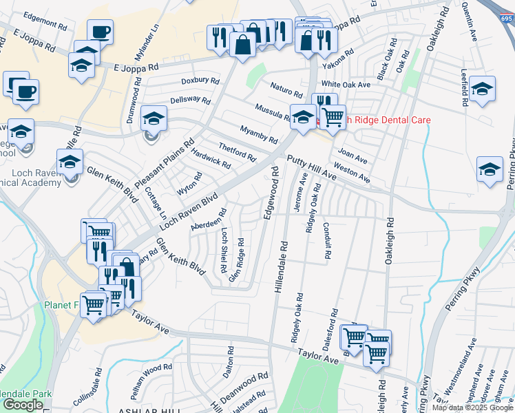 map of restaurants, bars, coffee shops, grocery stores, and more near 8431 Greenway Road in Parkville