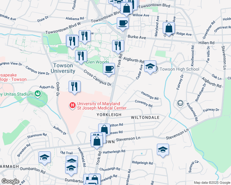 map of restaurants, bars, coffee shops, grocery stores, and more near 7725 York Road in Towson
