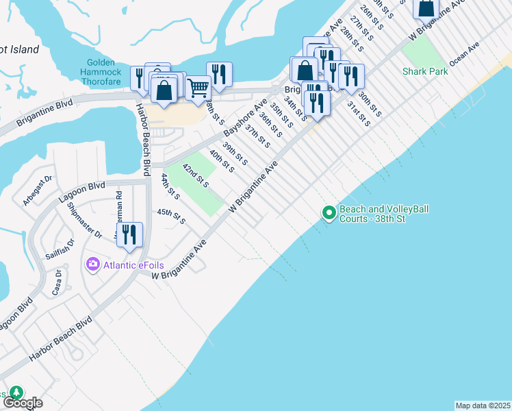 map of restaurants, bars, coffee shops, grocery stores, and more near 335 42nd Street South in Brigantine