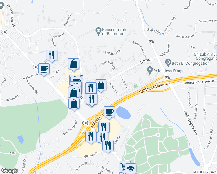 map of restaurants, bars, coffee shops, grocery stores, and more near 1 Harness Court in Pikesville