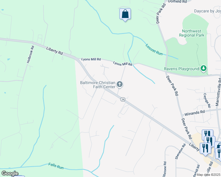 map of restaurants, bars, coffee shops, grocery stores, and more near 10310 Liberty Road in Randallstown