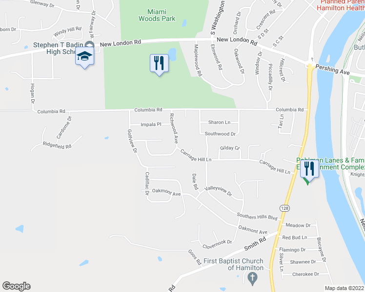 map of restaurants, bars, coffee shops, grocery stores, and more near 794 Carriage Hill Lane in Hamilton