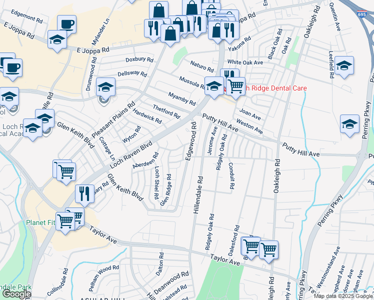 map of restaurants, bars, coffee shops, grocery stores, and more near 1729 Edgewood Road in Towson