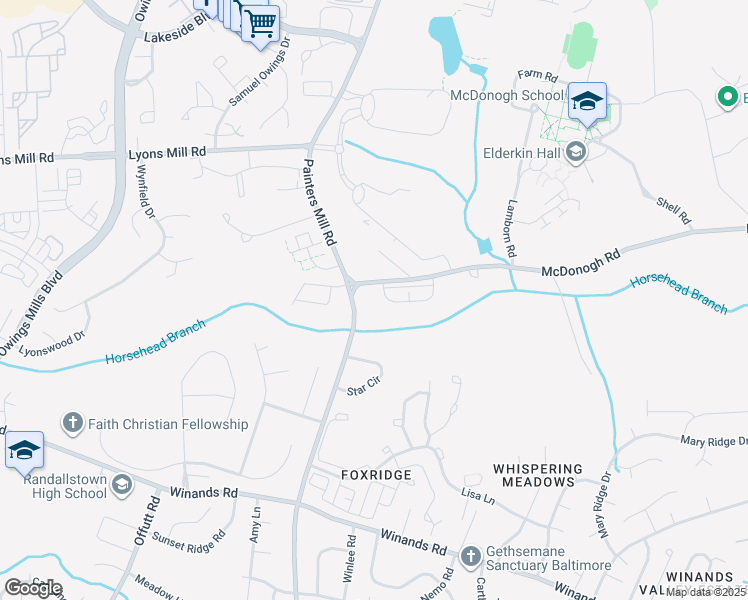 map of restaurants, bars, coffee shops, grocery stores, and more near 8813 Stoneridge Circle in Pikesville
