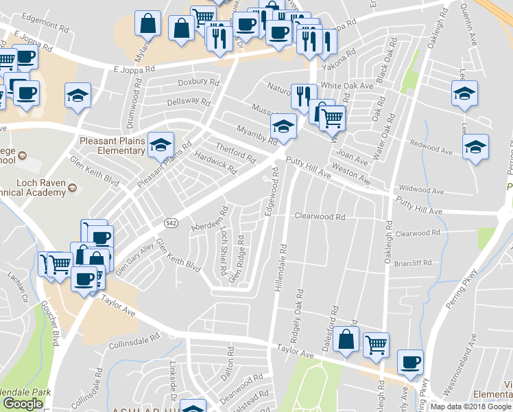 map of restaurants, bars, coffee shops, grocery stores, and more near 8431 Greenway Road in Parkville