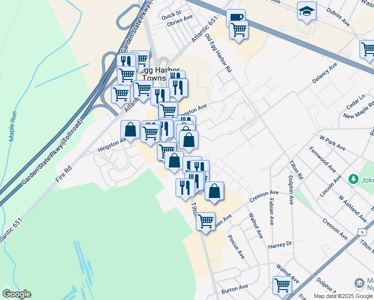 map of restaurants, bars, coffee shops, grocery stores, and more near 221 Tilton Road in Northfield