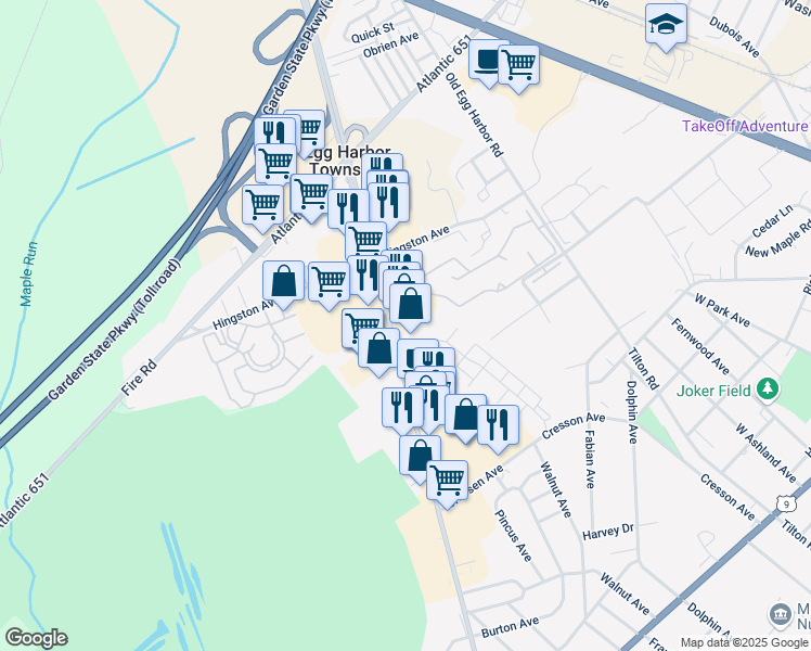 map of restaurants, bars, coffee shops, grocery stores, and more near 221 Tilton Road in Northfield