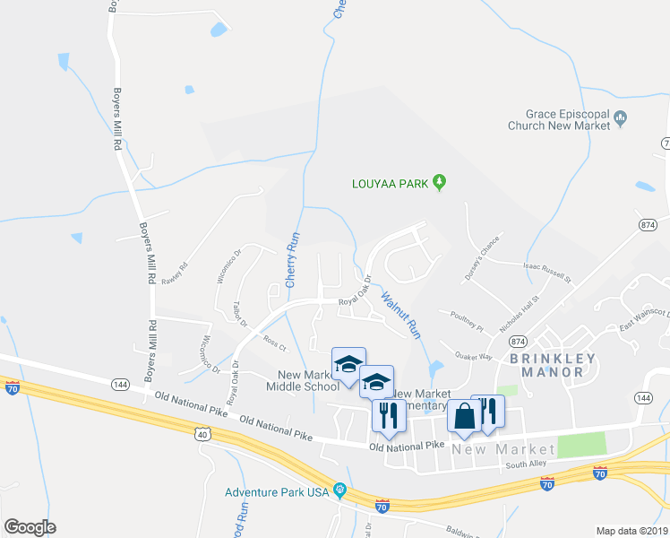 map of restaurants, bars, coffee shops, grocery stores, and more near 5552 Sponseller Court in New Market