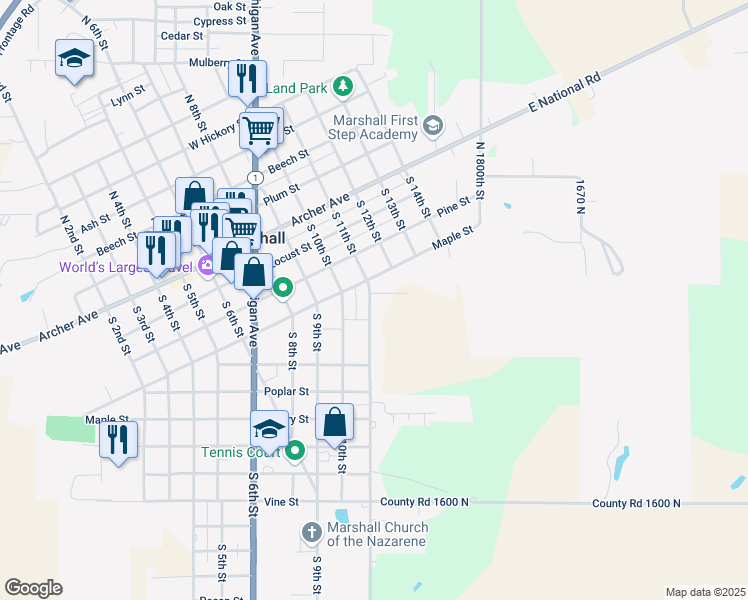 map of restaurants, bars, coffee shops, grocery stores, and more near 1101-1199 Maple Street in Marshall