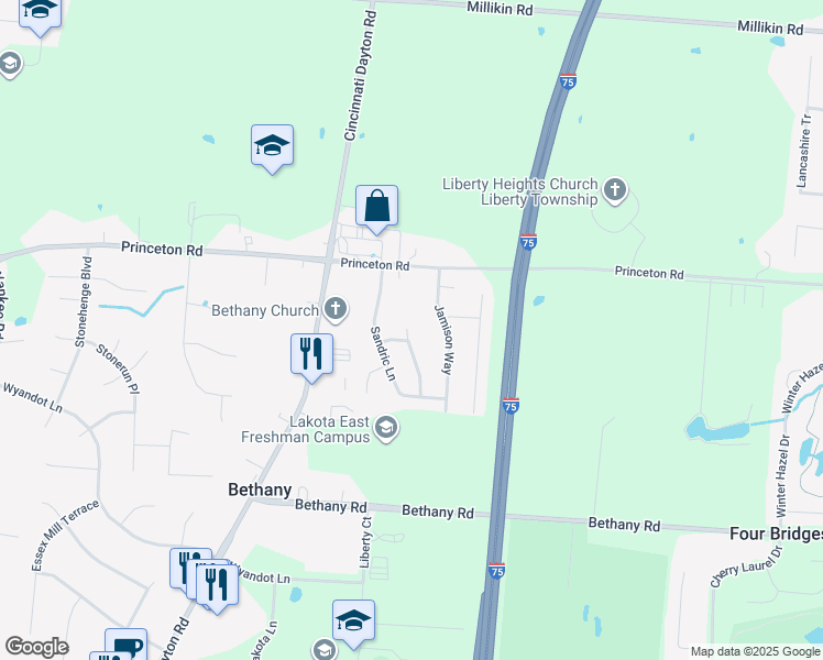 map of restaurants, bars, coffee shops, grocery stores, and more near 6335 Jamison Way in Butler County