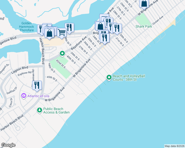 map of restaurants, bars, coffee shops, grocery stores, and more near 327 39th Street South in Brigantine
