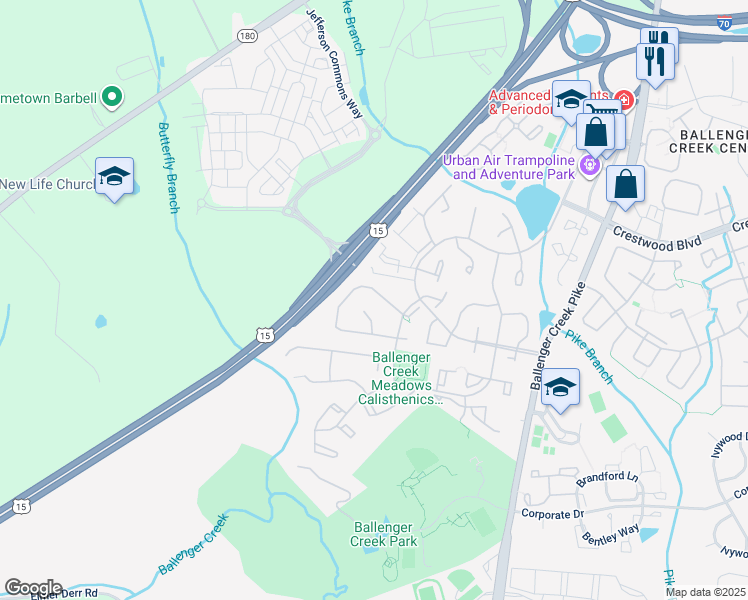 map of restaurants, bars, coffee shops, grocery stores, and more near 6212 Derby Drive in Frederick