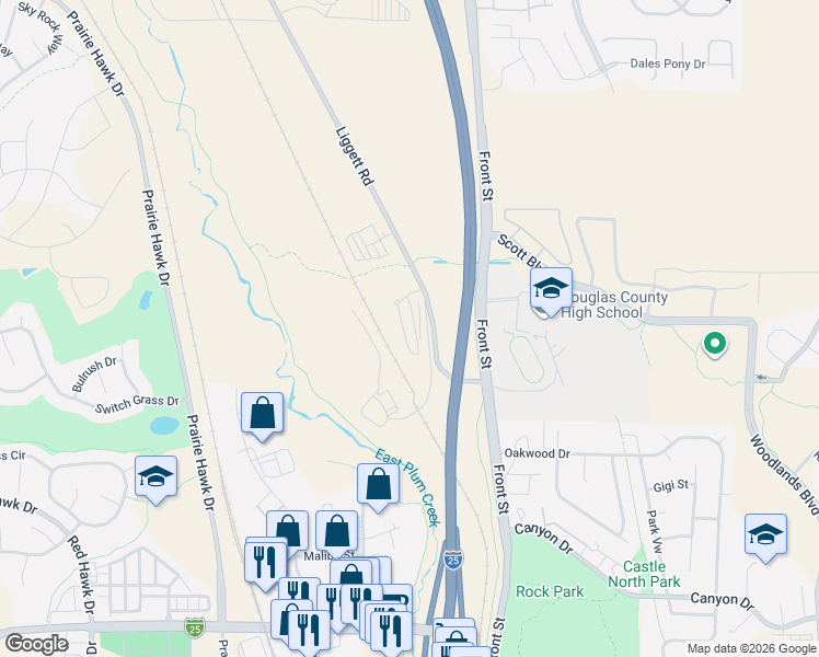 map of restaurants, bars, coffee shops, grocery stores, and more near 1931 Liggett Road in Castle Rock