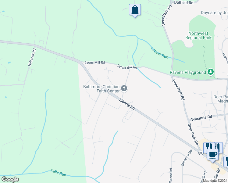map of restaurants, bars, coffee shops, grocery stores, and more near 10310 Liberty Road in Randallstown