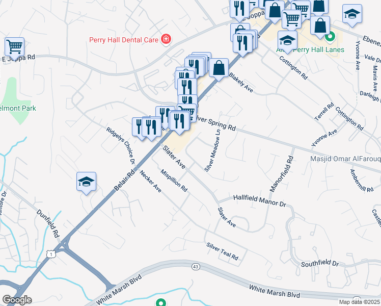 map of restaurants, bars, coffee shops, grocery stores, and more near 8601 Hickory Thicket Place in Nottingham