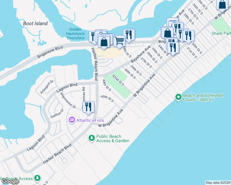 map of restaurants, bars, coffee shops, grocery stores, and more near 120 44th Street South in Brigantine