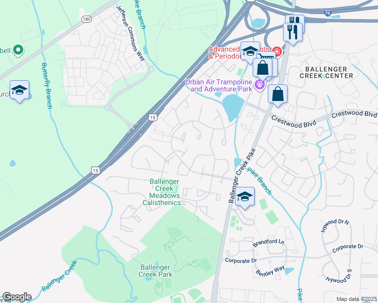 map of restaurants, bars, coffee shops, grocery stores, and more near 6217 Hastings Court in Frederick