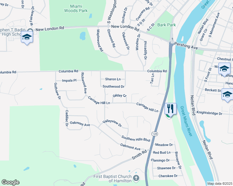 map of restaurants, bars, coffee shops, grocery stores, and more near 541 Southwood Drive in Hamilton