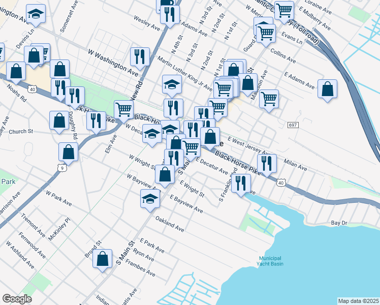 map of restaurants, bars, coffee shops, grocery stores, and more near in Pleasantville