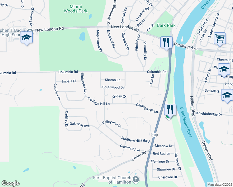 map of restaurants, bars, coffee shops, grocery stores, and more near 541 Southwood Drive in Hamilton