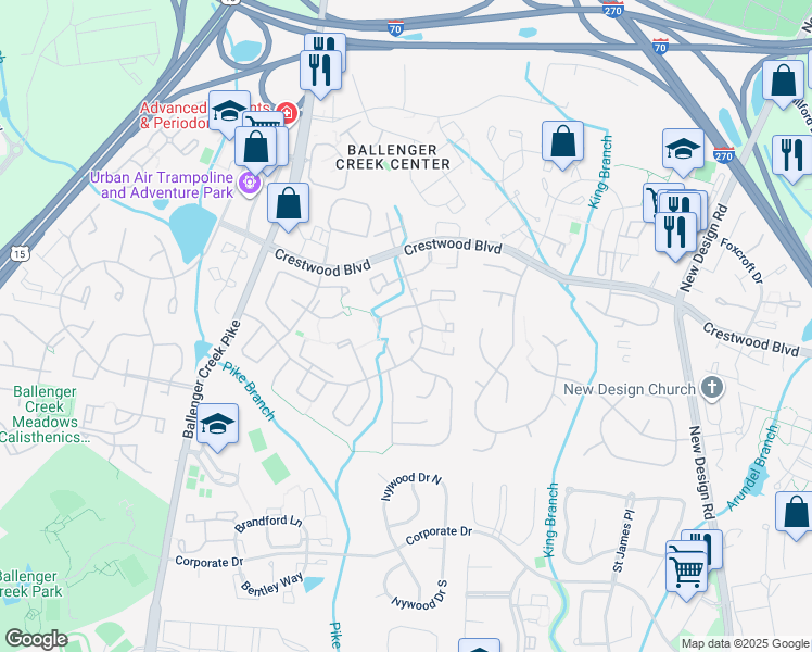 map of restaurants, bars, coffee shops, grocery stores, and more near 6712 Fallow Hill Court in Frederick