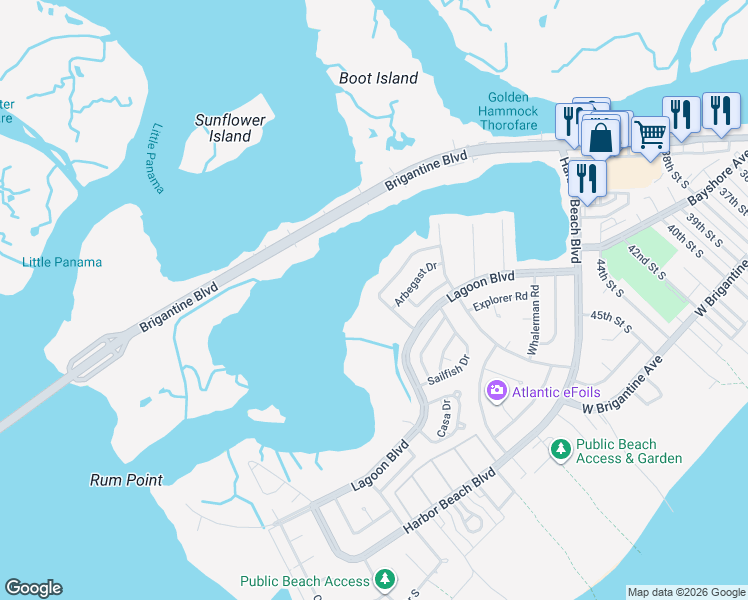 map of restaurants, bars, coffee shops, grocery stores, and more near 36 Gull Cove in Brigantine
