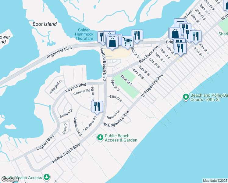 map of restaurants, bars, coffee shops, grocery stores, and more near 120 44th Street South in Brigantine