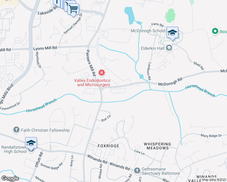 map of restaurants, bars, coffee shops, grocery stores, and more near 8907 Stone Creek Place in Pikesville
