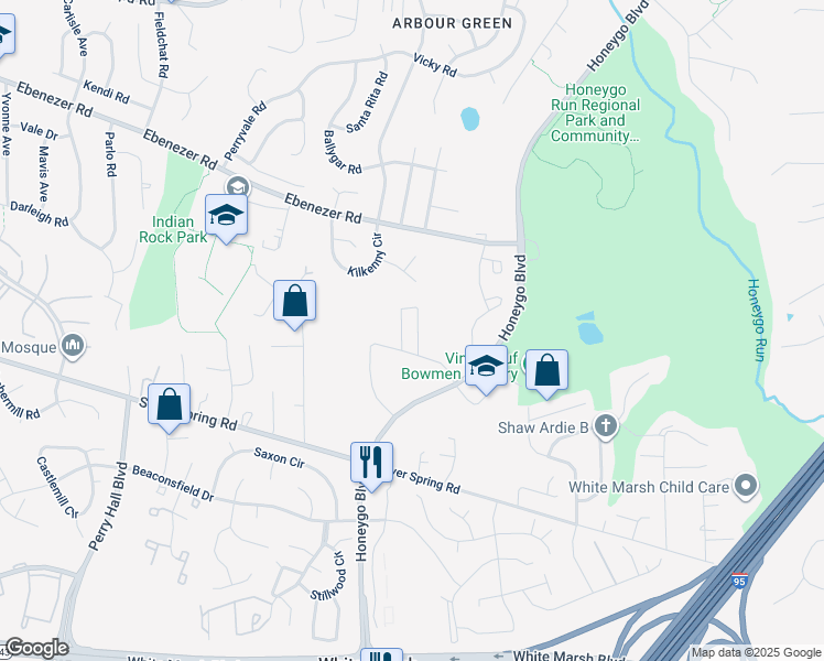 map of restaurants, bars, coffee shops, grocery stores, and more near 4816 Grandiflora Circle in Perry Hall