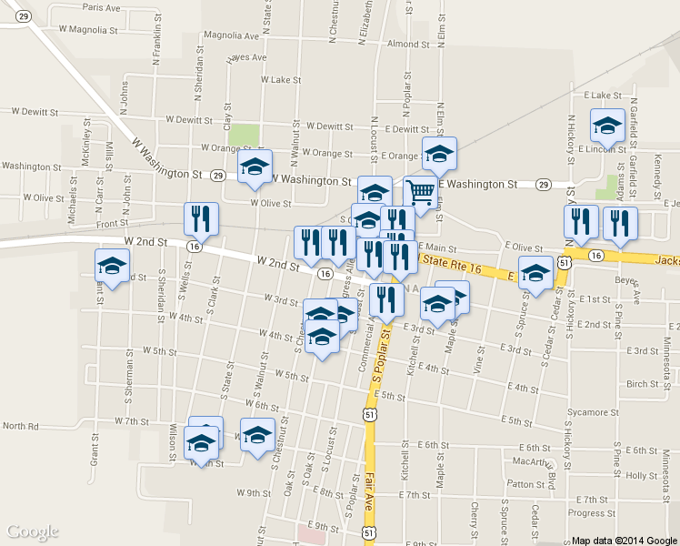 map of restaurants, bars, coffee shops, grocery stores, and more near 6 E 2nd St in Pana