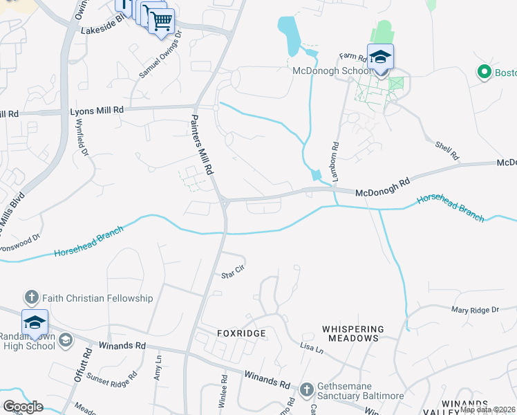 map of restaurants, bars, coffee shops, grocery stores, and more near 8905 Stone Creek Place in Baltimore