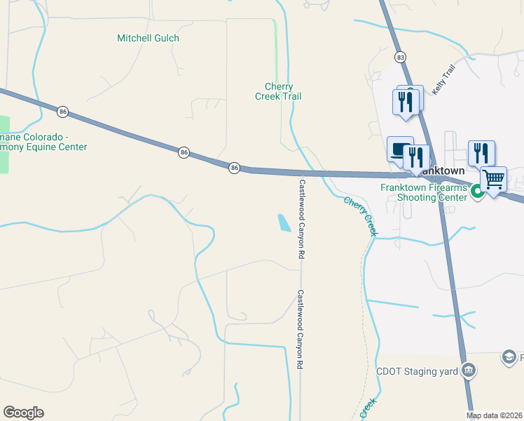map of restaurants, bars, coffee shops, grocery stores, and more near 6646 Colorado 86 in Franktown
