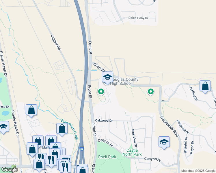 map of restaurants, bars, coffee shops, grocery stores, and more near 2842 Front Street in Castle Rock