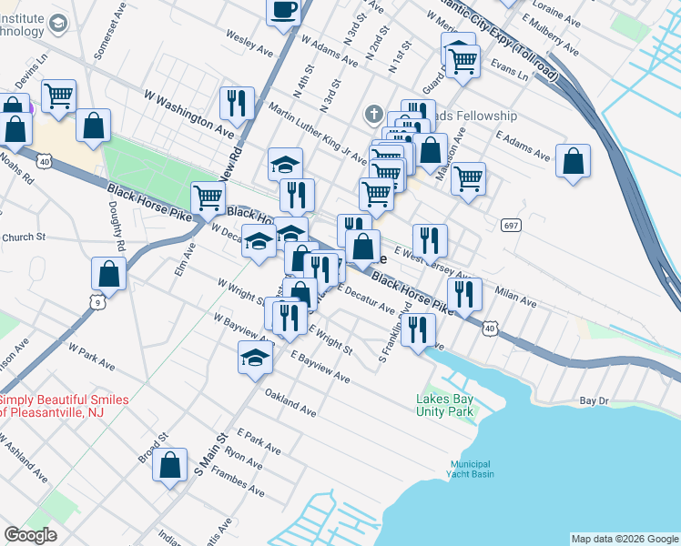 map of restaurants, bars, coffee shops, grocery stores, and more near in Pleasantville