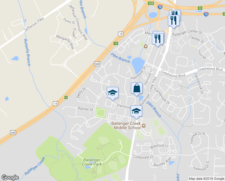 map of restaurants, bars, coffee shops, grocery stores, and more near 6223 Hastings Court in Frederick