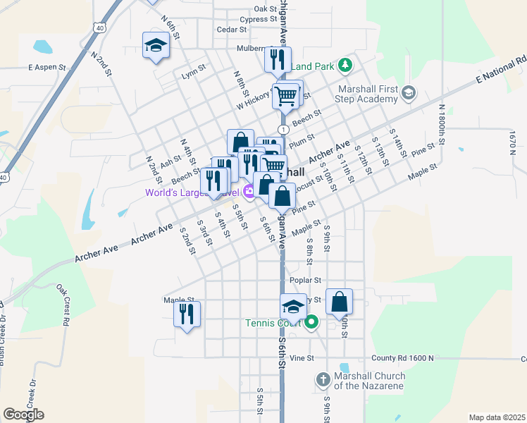 map of restaurants, bars, coffee shops, grocery stores, and more near 618 Locust Street in Marshall
