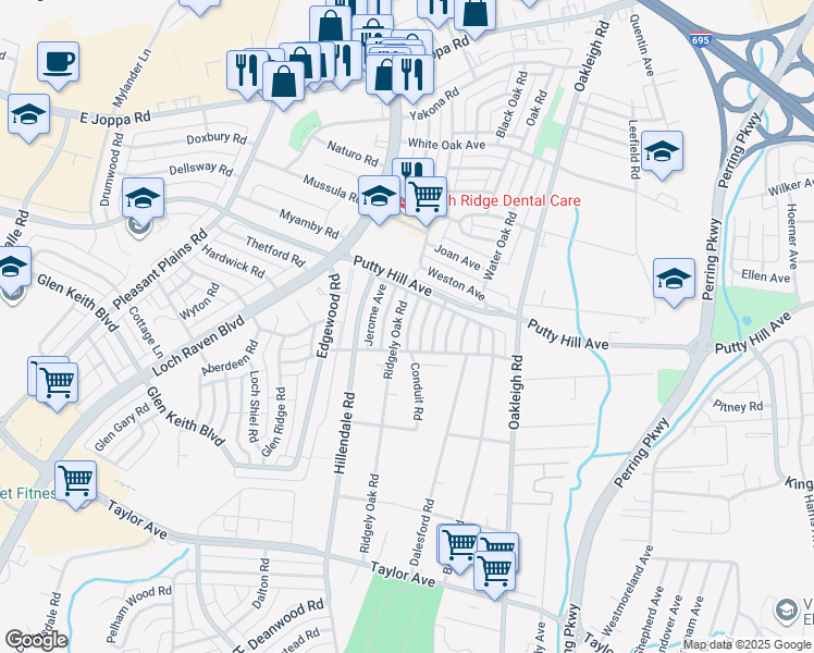 map of restaurants, bars, coffee shops, grocery stores, and more near 8342 Edgedale Road in Parkville