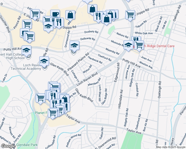 map of restaurants, bars, coffee shops, grocery stores, and more near 8352 Loch Raven Boulevard in Towson
