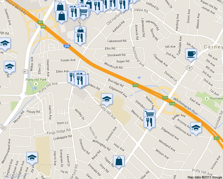 map of restaurants, bars, coffee shops, grocery stores, and more near 2609 Edgewood Avenue in Parkville