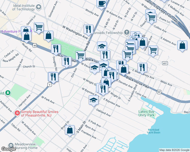 map of restaurants, bars, coffee shops, grocery stores, and more near 115 West Decatur Avenue in Pleasantville