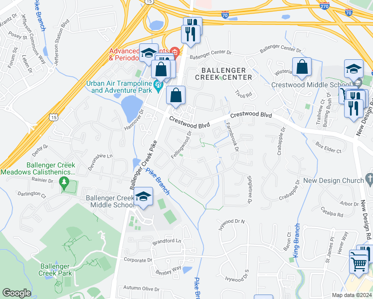 map of restaurants, bars, coffee shops, grocery stores, and more near 6607 Haydown Court in Frederick