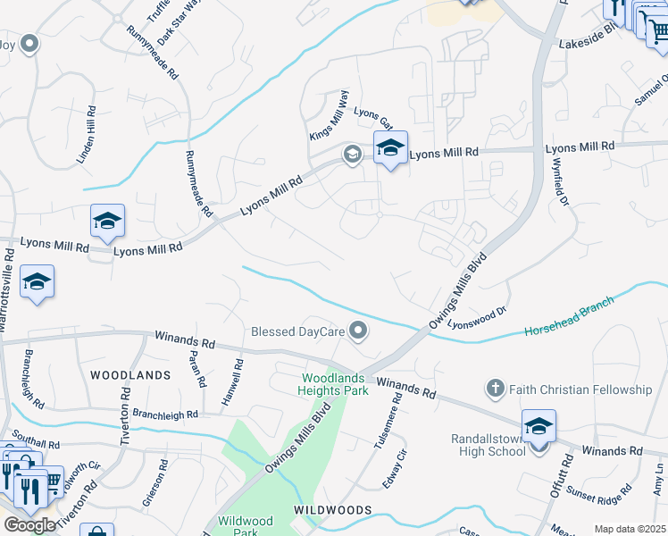 map of restaurants, bars, coffee shops, grocery stores, and more near 9501 Whitehurst Drive in Owings Mills