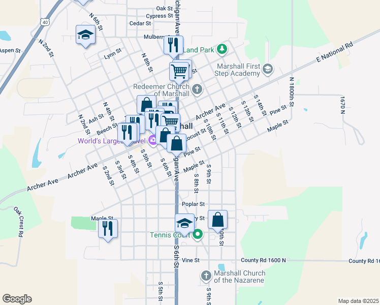map of restaurants, bars, coffee shops, grocery stores, and more near 298 South 8th Street in Marshall