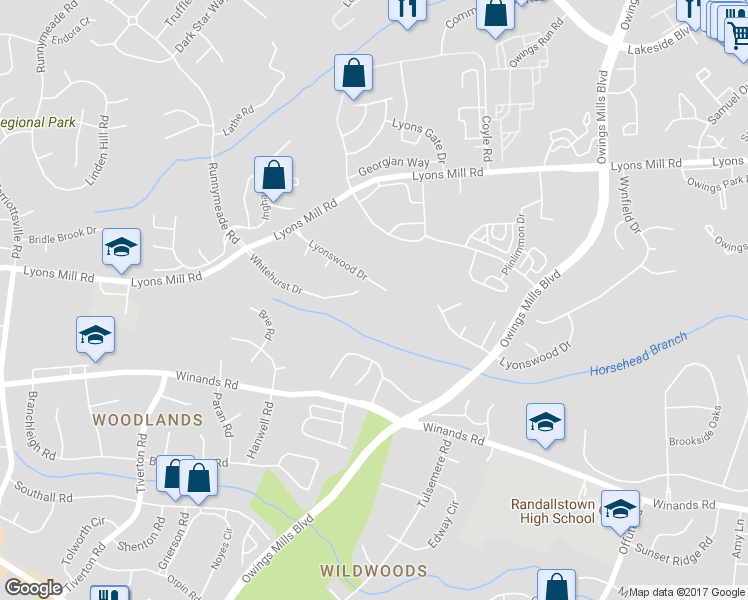 map of restaurants, bars, coffee shops, grocery stores, and more near 9501 Whitehurst Drive in Owings Mills