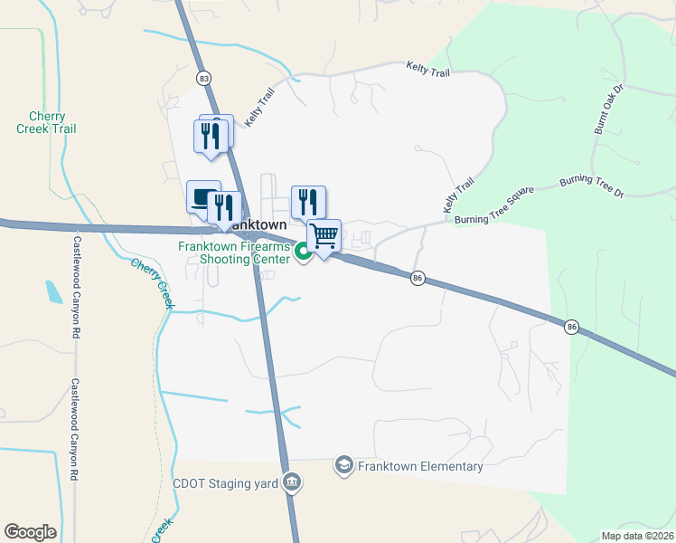 map of restaurants, bars, coffee shops, grocery stores, and more near in Franktown