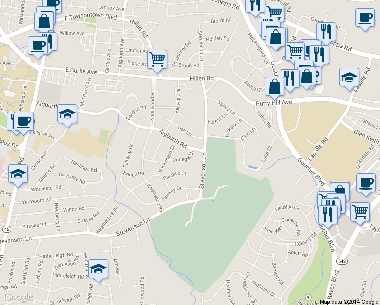 map of restaurants, bars, coffee shops, grocery stores, and more near 418 Donegal Dr in Towson