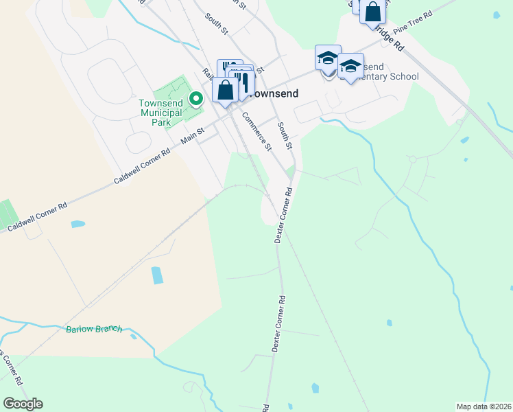 map of restaurants, bars, coffee shops, grocery stores, and more near 734 Dexter Corner Road in Townsend